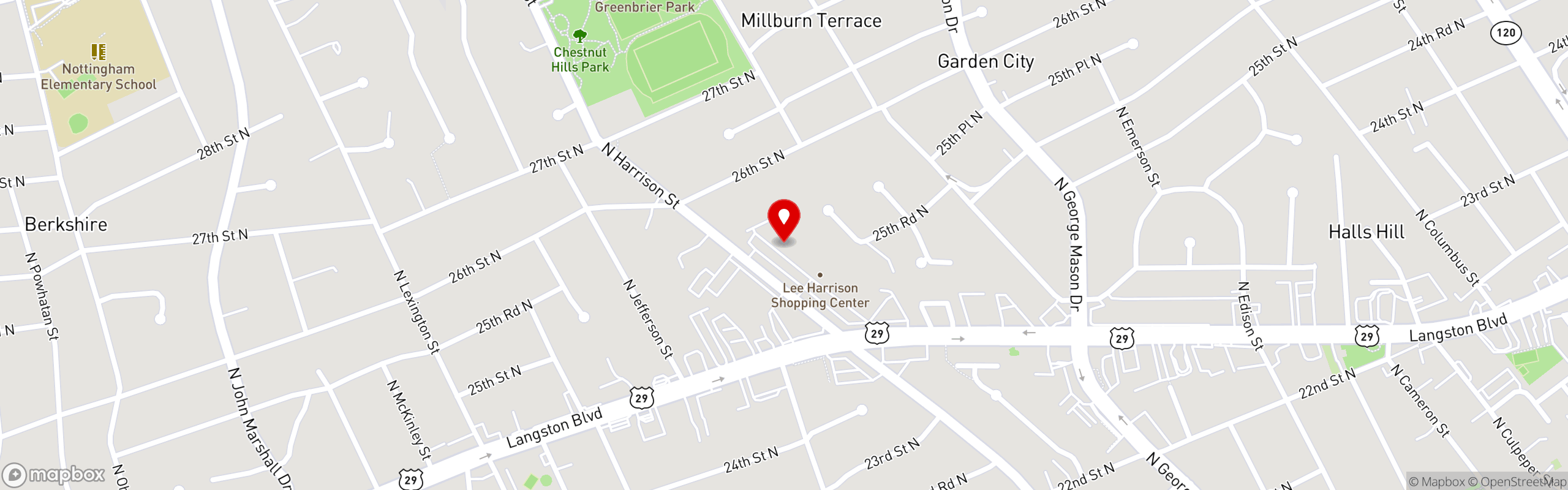 Street map pinning Taqueria el Poblano in N. Arlington (Harrison Shopping Center)