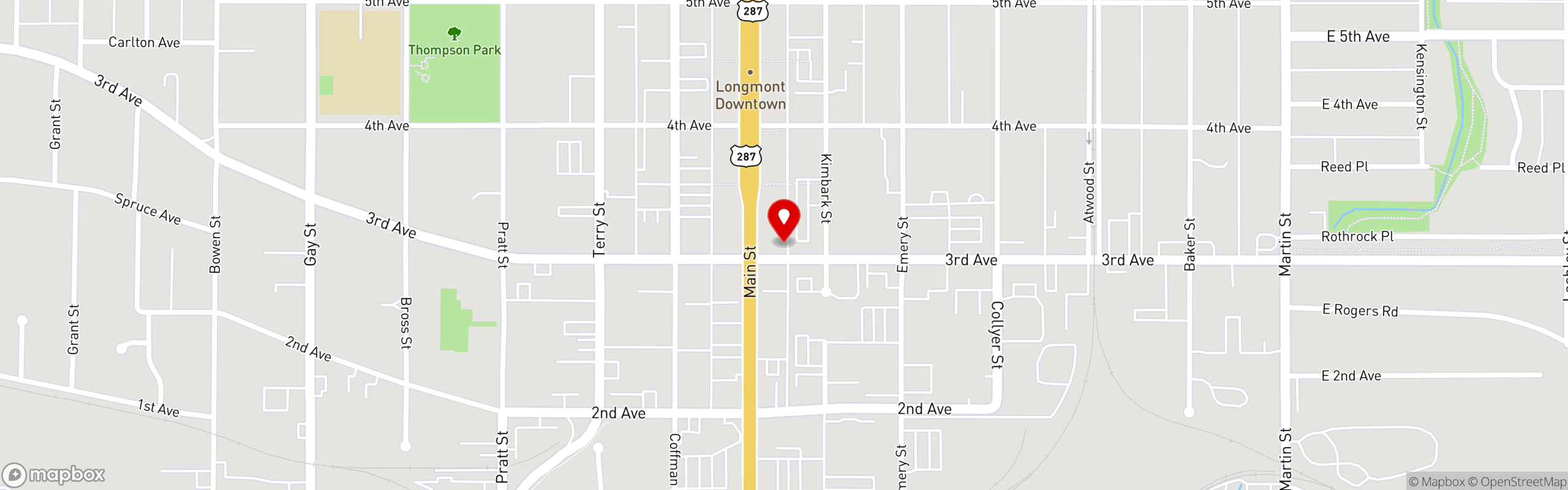 Street map pinning Mana Thai Comfort Food in Old Town Longmont