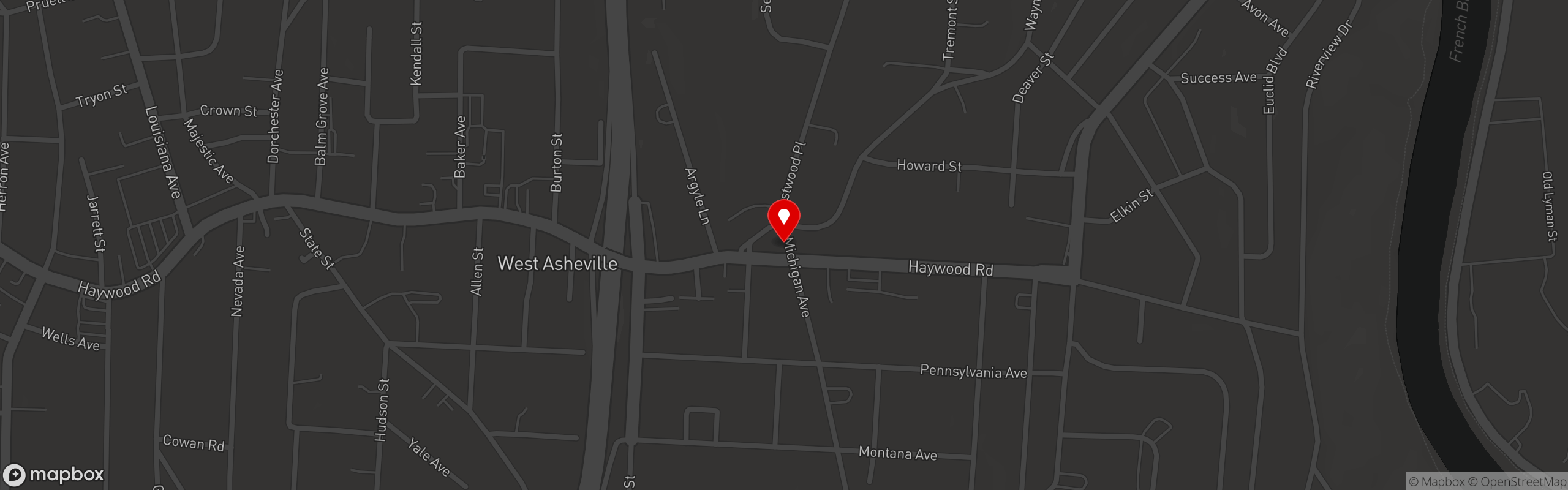 Street map pinning W.A.L.K. in WEST ASHEVILLE LOUNGE AND KITCHEN