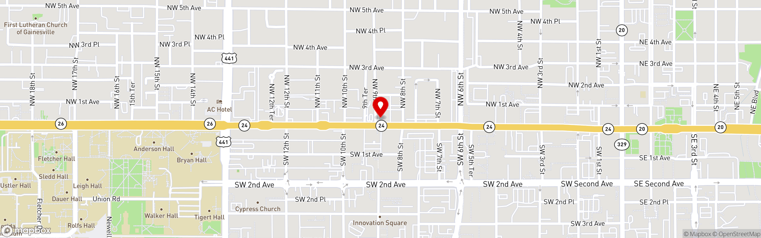 Street map pinning ANF Gyros & Grill in Gainesville