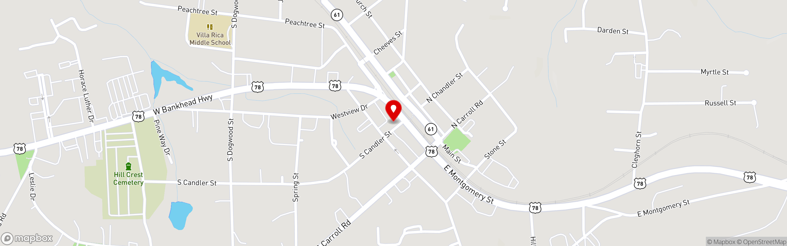 Street map pinning Cinema Tavern in Villa Rica
