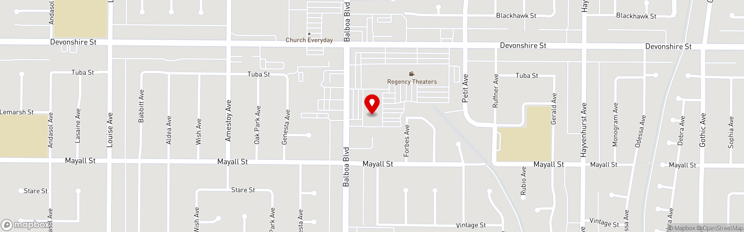 Street map pinning Caruso's Italian Kitchen in Granada Hills, CA