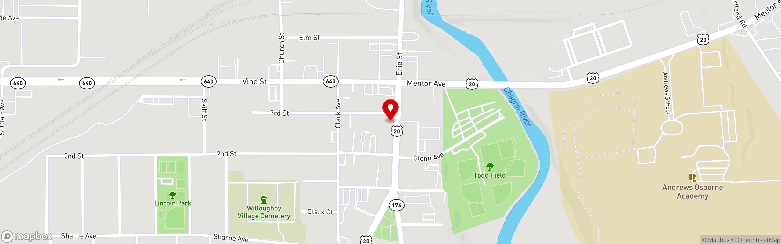 Street map pinning Nora's Public House in Downtown Willoughby