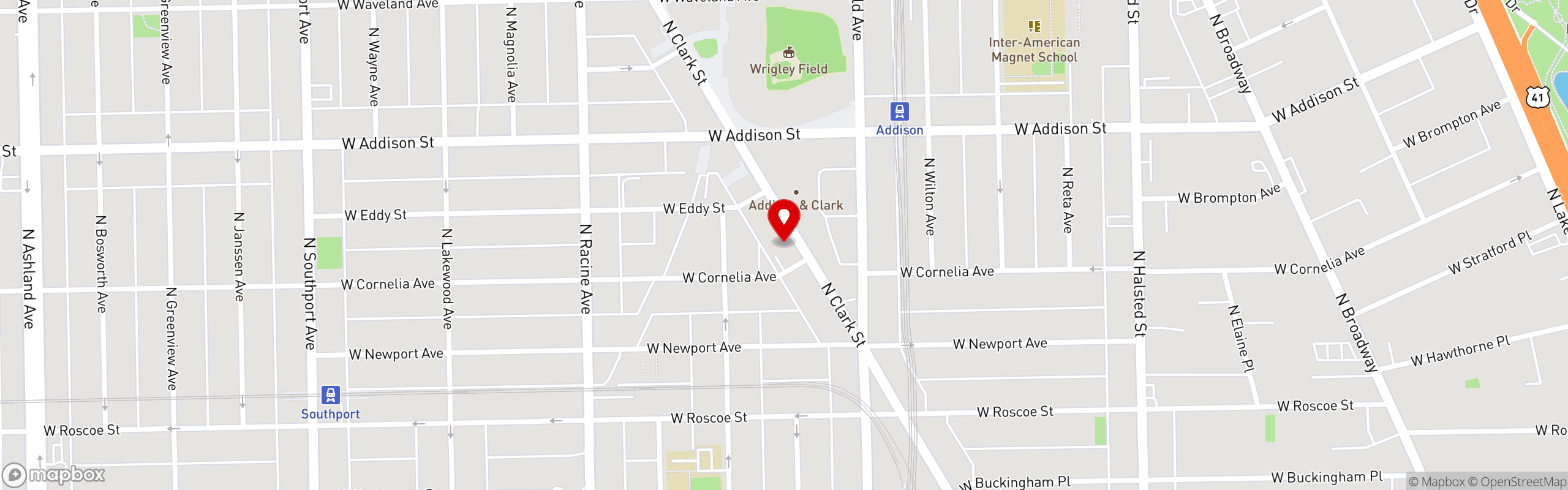 Street map pinning Old Crow Smokehouse in Wrigleyville, Chicago