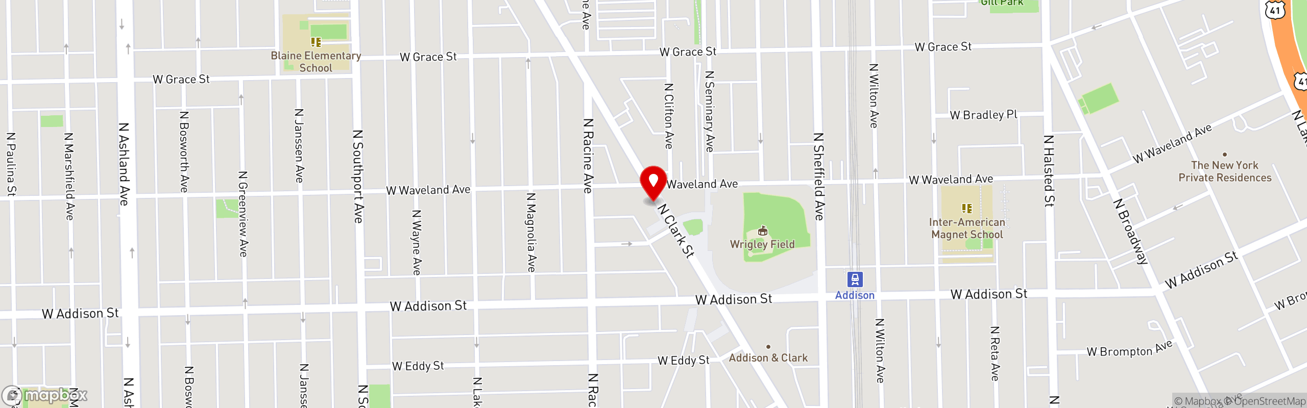 Street map pinning Kincade's Wrigley in Chicago