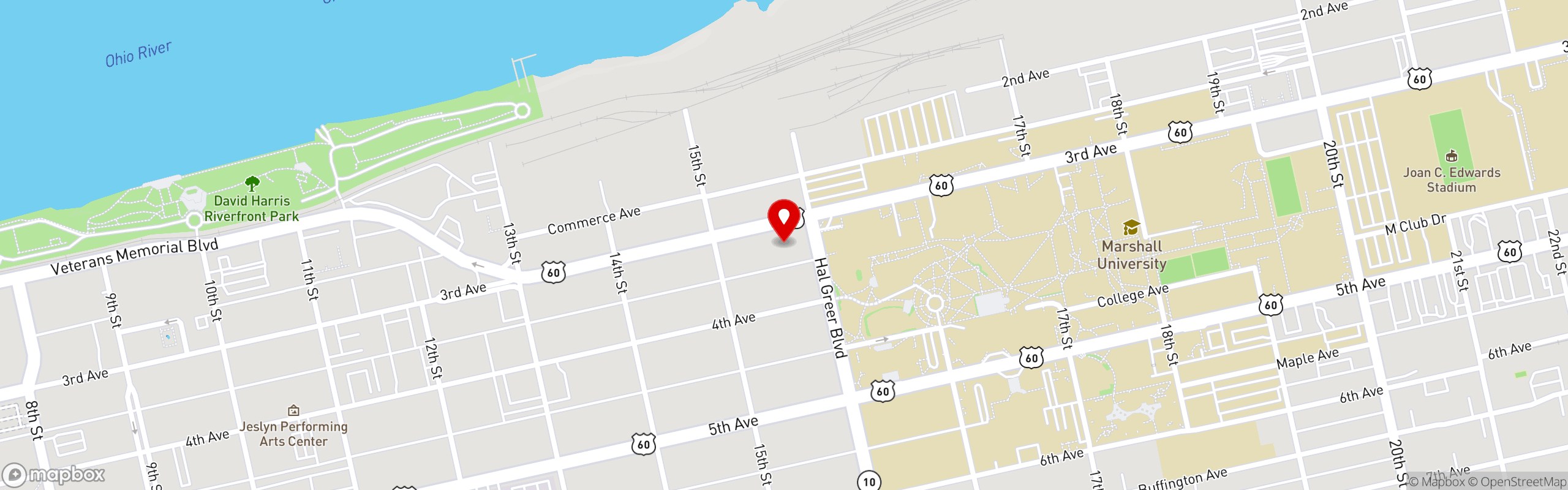 Street map pinning Buddy's All American Bar-B-Que in Huntington, WV