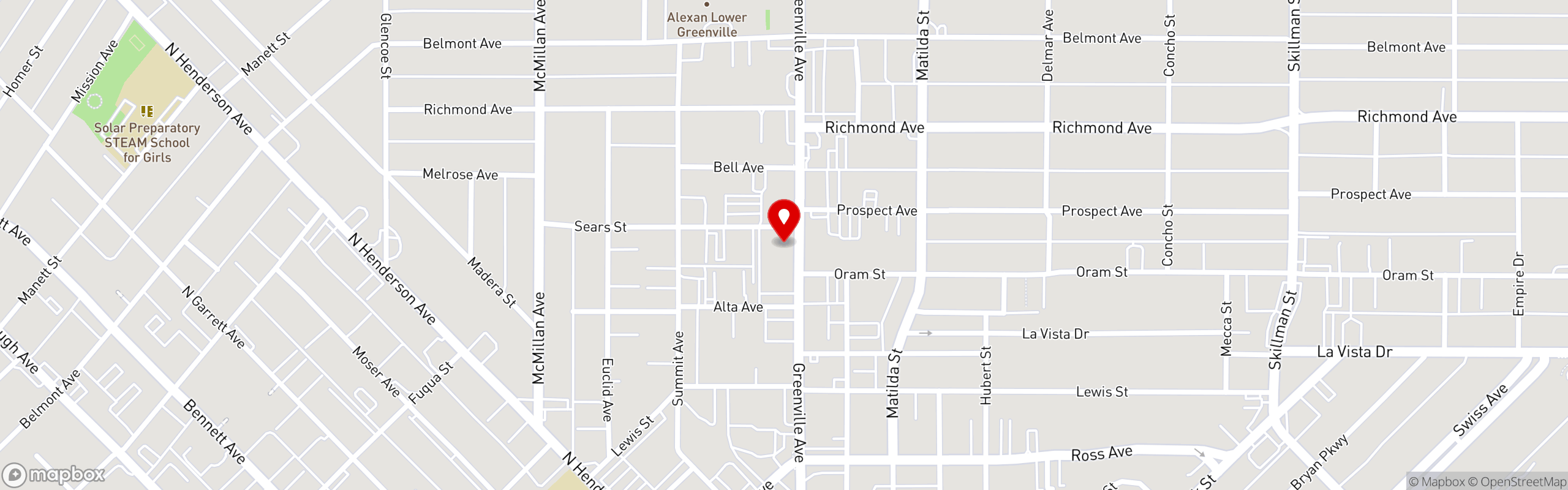 Street map pinning JOY Macarons in Lower Greenville