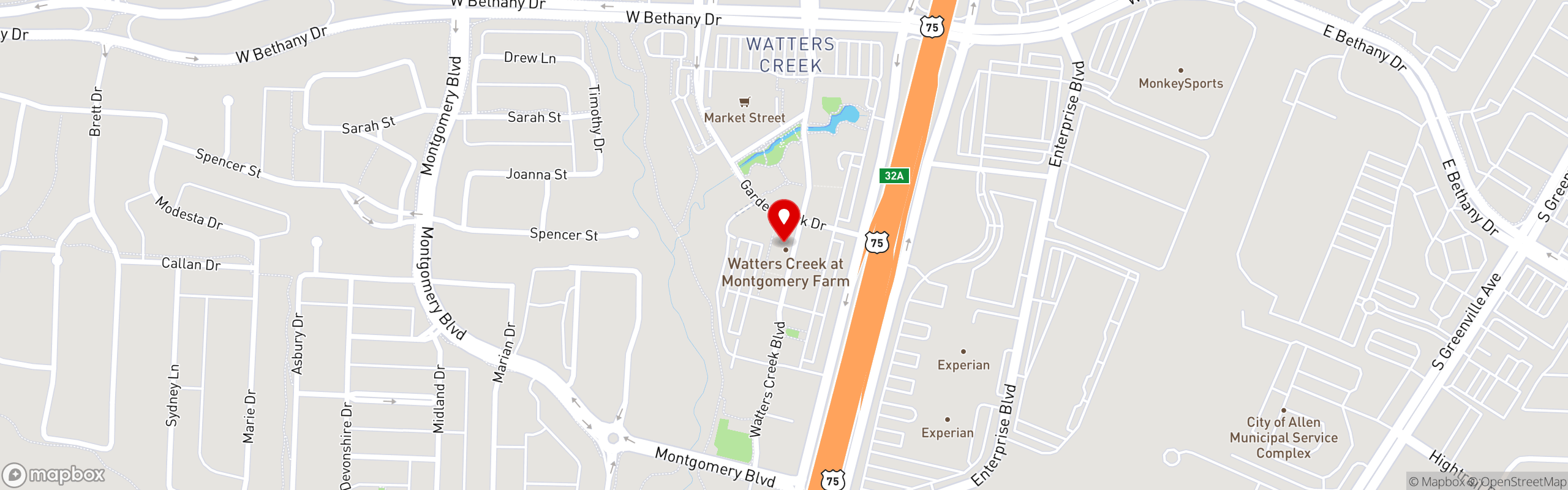 Street map pinning JOY Macarons in Watters Creek