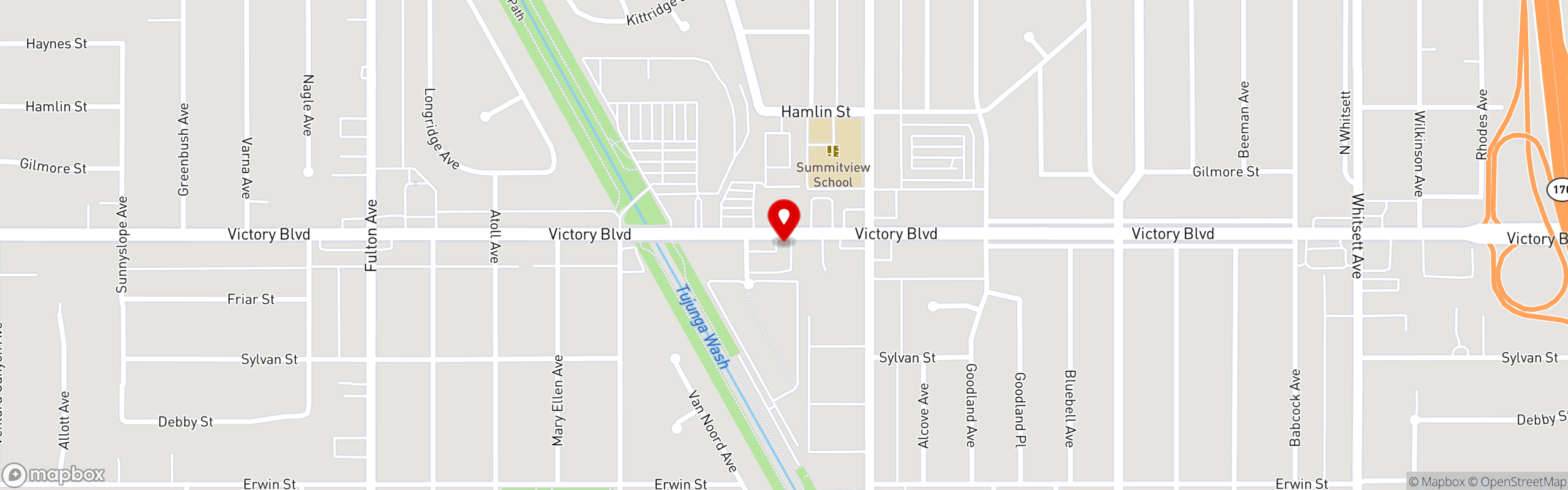 Street map pinning Que Ricos Fresh Mexican Kitchen in North Hollywood