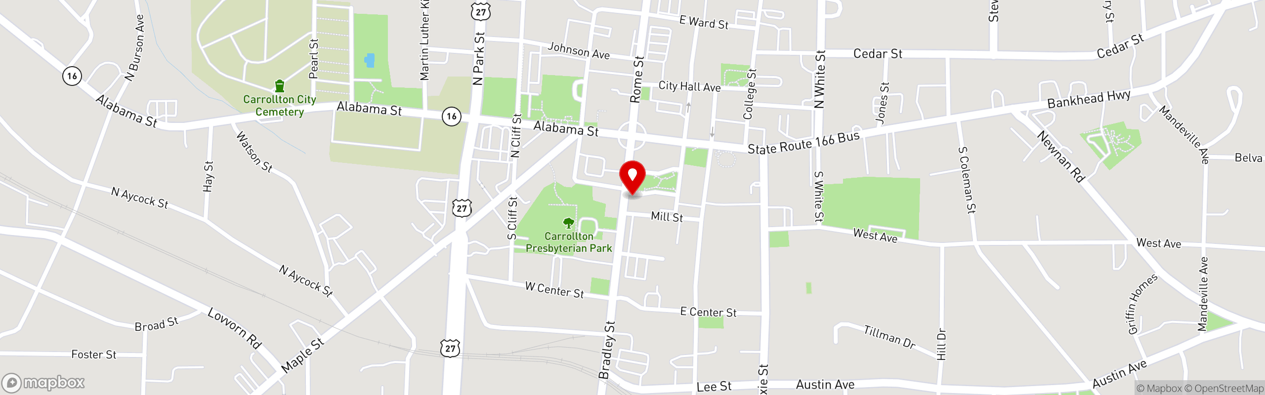 Street map pinning Brown Dog Eatery in Carrollton