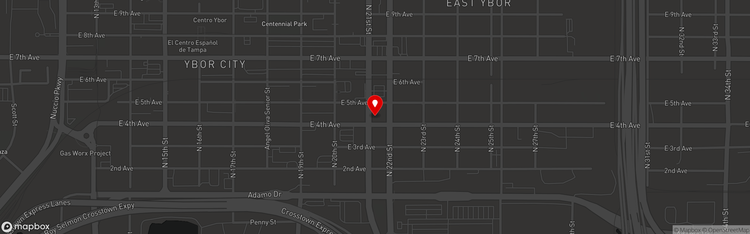 Street map pinning Gasparilla Distillery & Cocktail Bar in Ybor City, Tampa