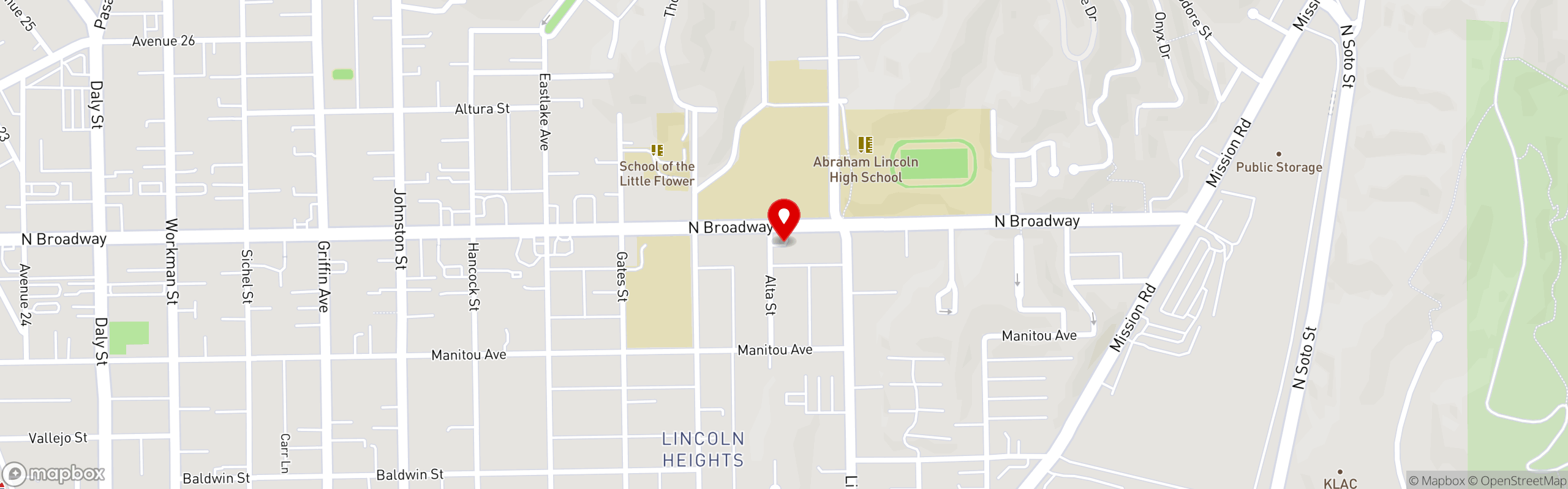 Street map pinning Rodeo Mexican Grill in Little Rodeo On Broadway (Lincoln Heights)