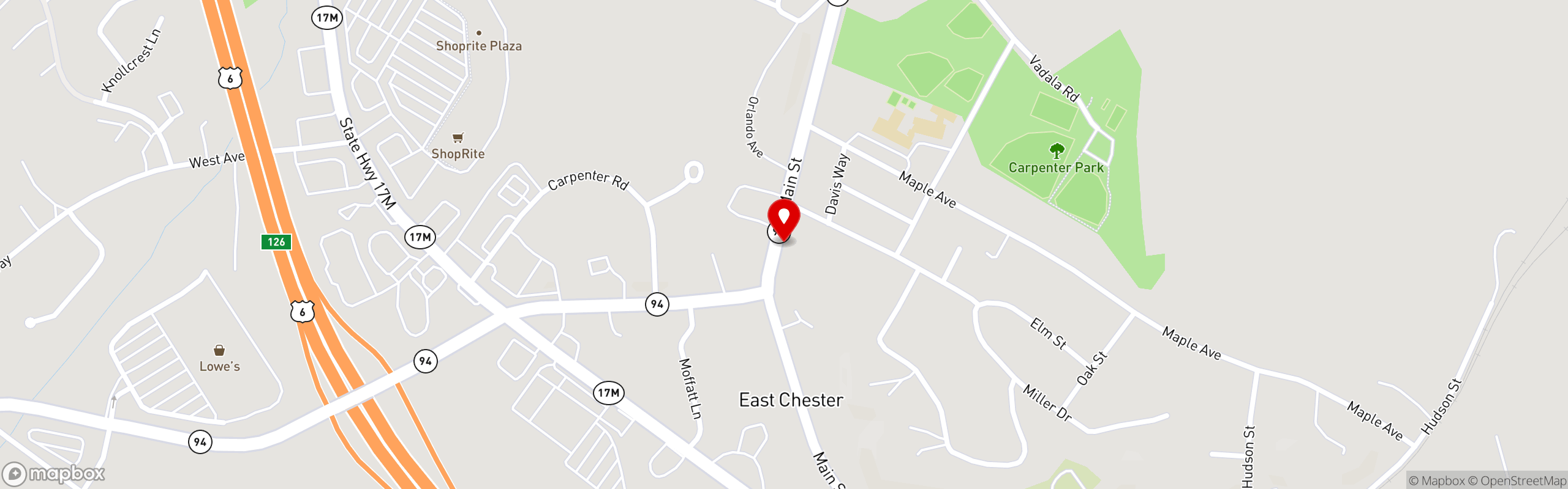 Street map pinning Allan's Falafel in 115 Main St., Chester , NY 10918