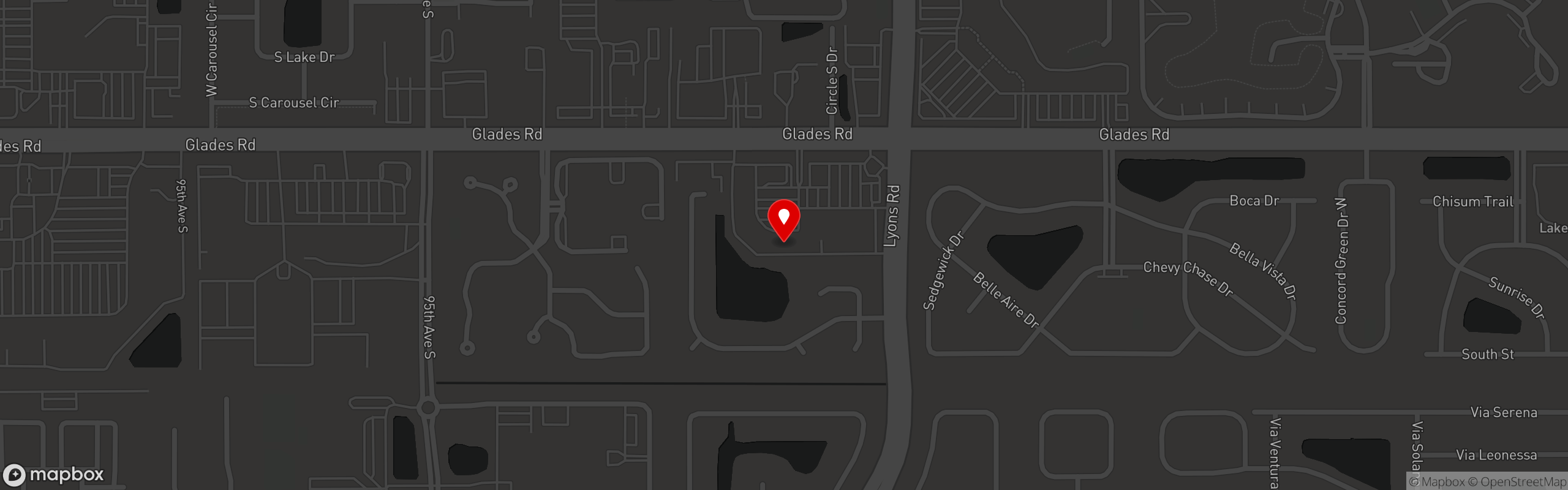 Street map pinning Cannoli Kitchen Pizza in West Boca Raton (Glades & Lyons)