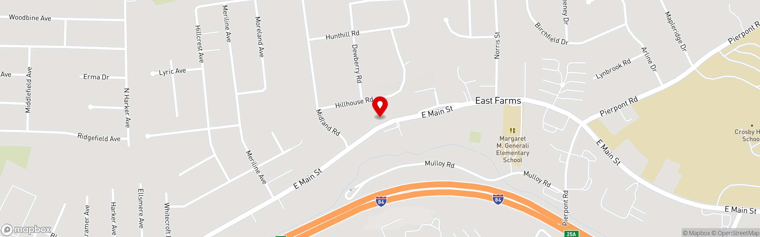 Street map pinning Antonio's Pizza and Deli in Waterbury