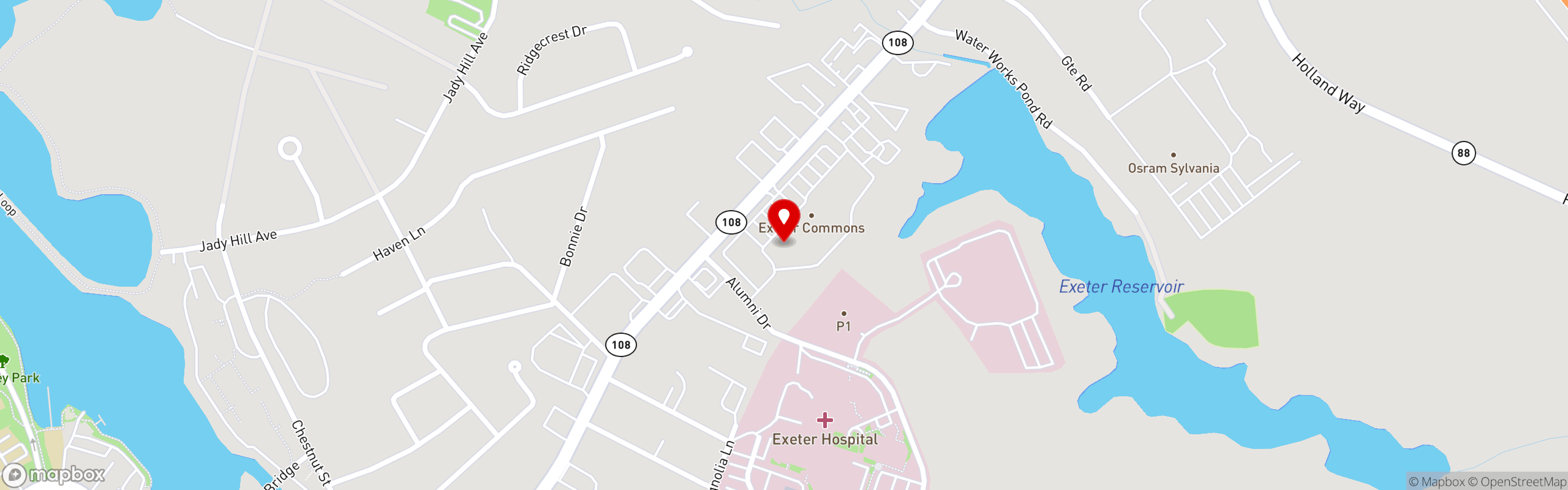Street map pinning Moe's Italian Sandwiches in Exeter
