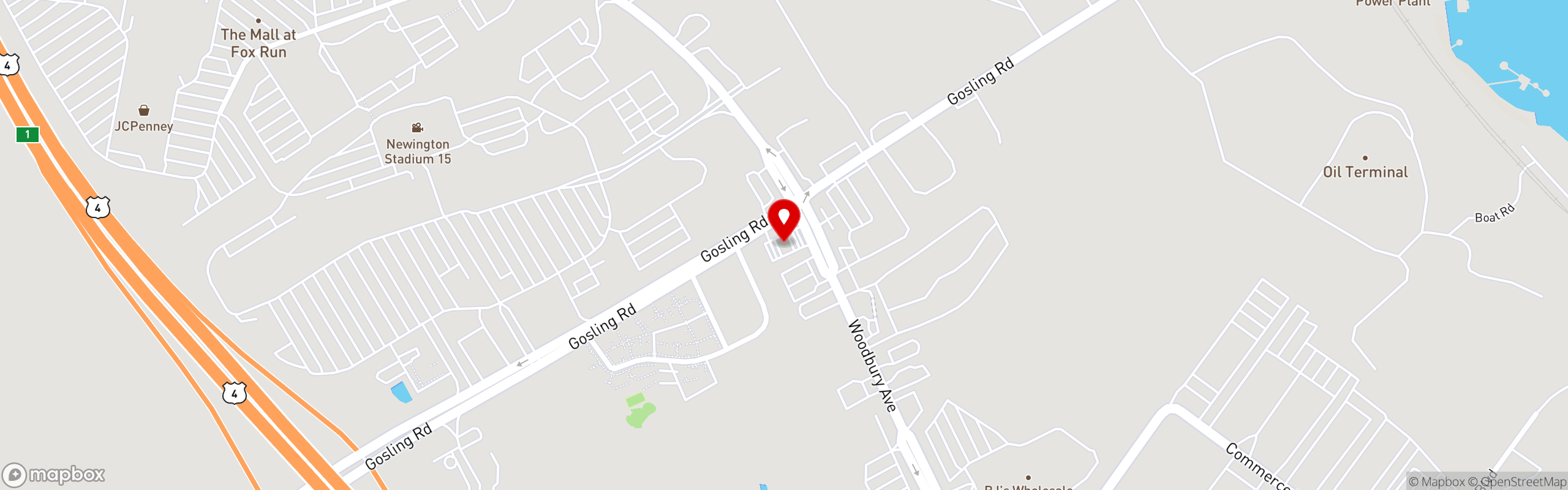 Street map pinning Moe's Italian Sandwiches in Newington (NEW LOCATION)