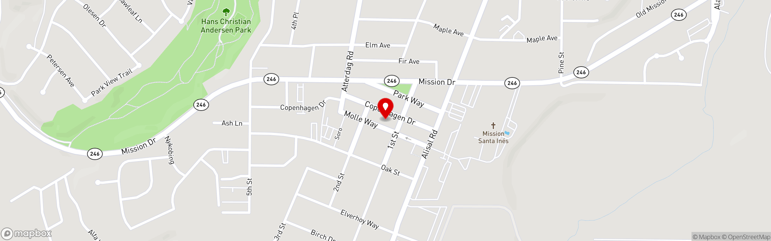 Street map pinning Copenhagen Sausage Garden in Solvang