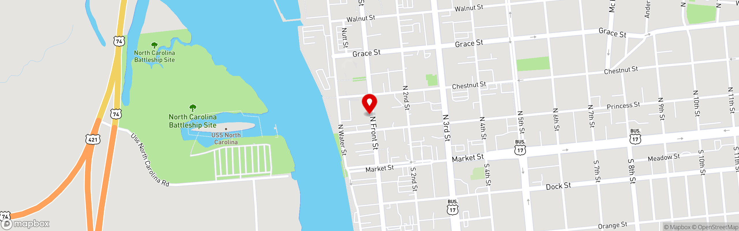 Street map pinning Shuckin' Shack - Wilmington in Wilmington