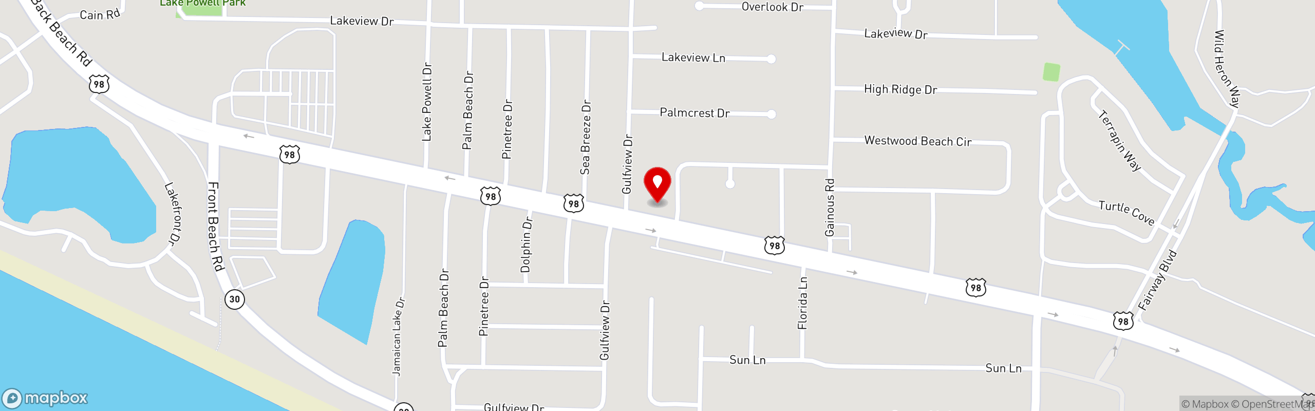 Street map pinning Bubba's Pizza in Panama City Beach