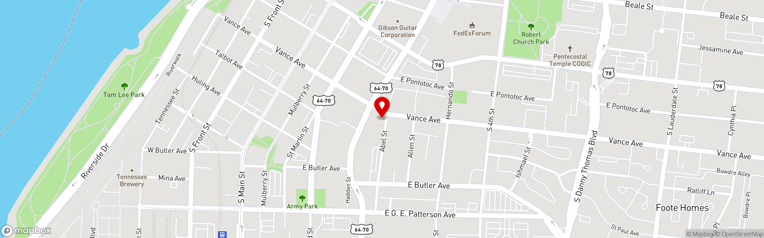 Street map pinning Memphis Jamaican Kitchen in Vance Ave