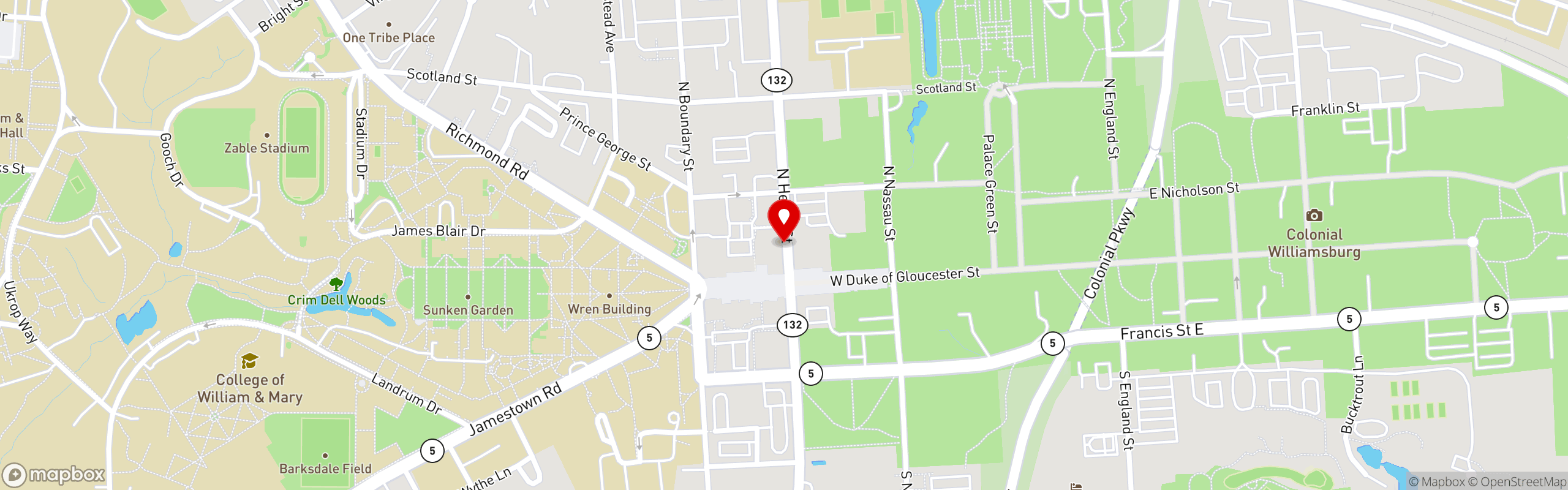 Street map pinning K'Bolá Cuban Restaurant & Bar in Colonial Williamsburg (Merchant Square)
