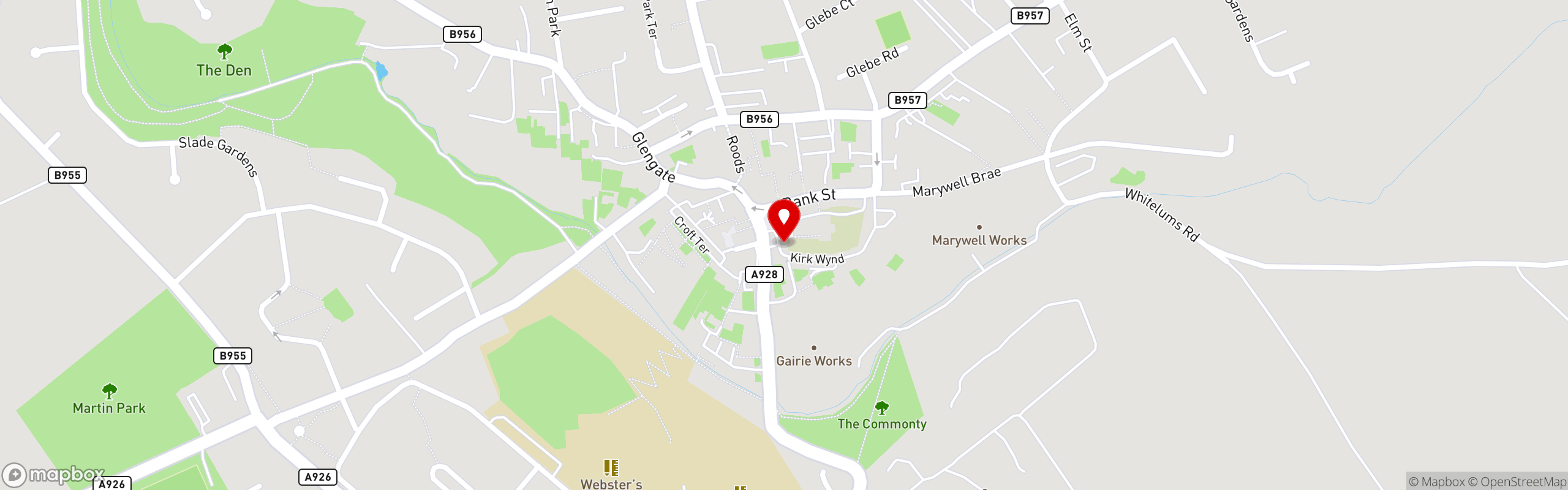 Street map showing the location of The Steeple Fish Bar in Kirriemuir