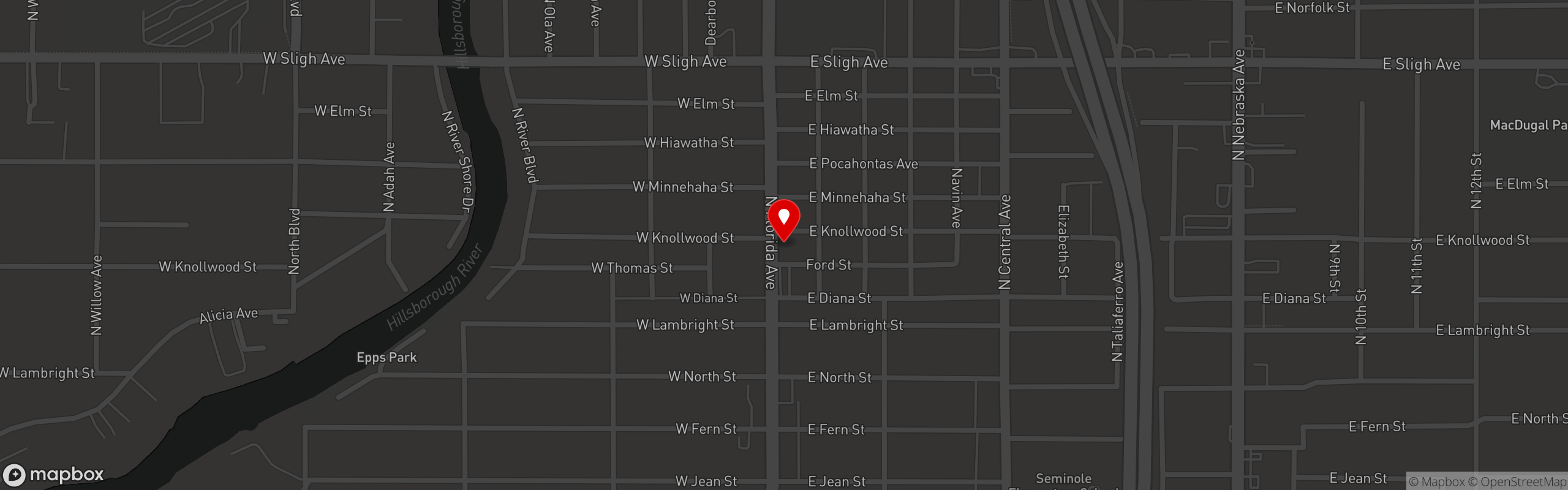Street map pinning Wicked Oak Barbeque in Wicked Oak BBQ