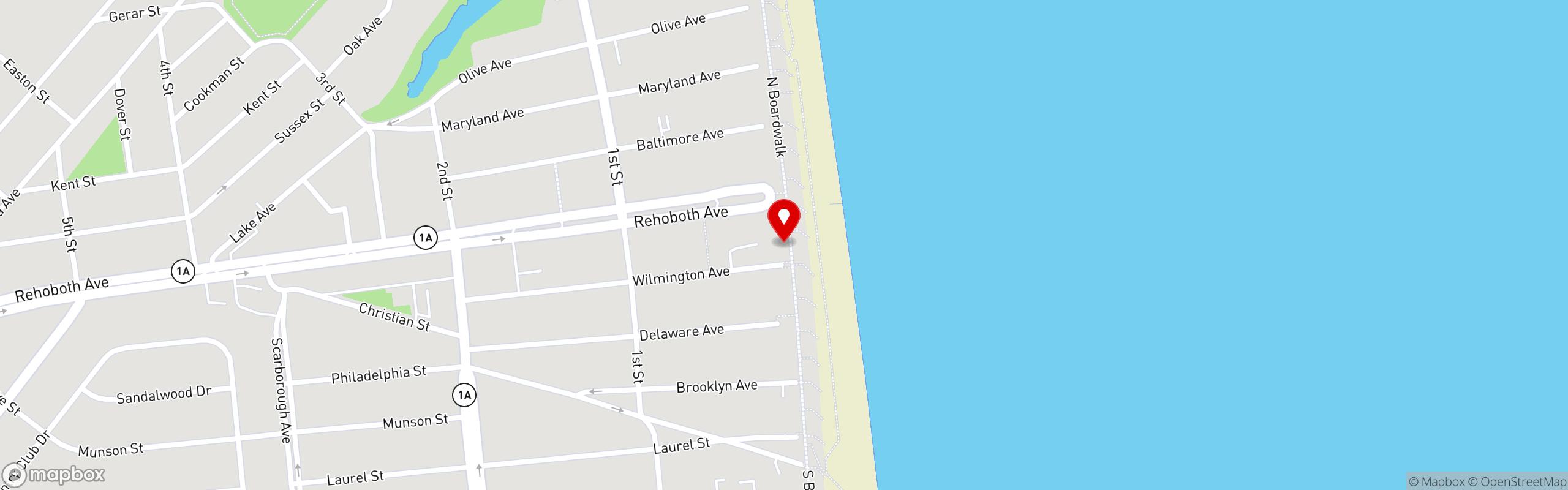 Street map pinning Starkey's Ice Cream in Rehoboth Beach Boardwalk