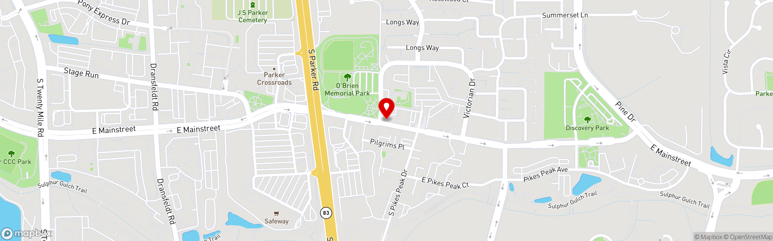 Street map pinning Black Haus Tavern in Downtown Parker
