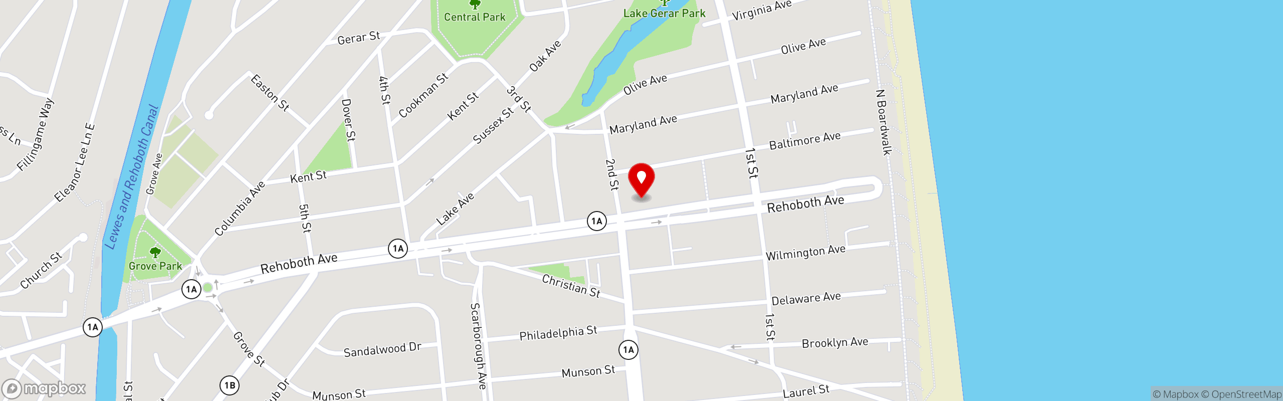 Street map pinning Claws Seafood House in Rehoboth Beach