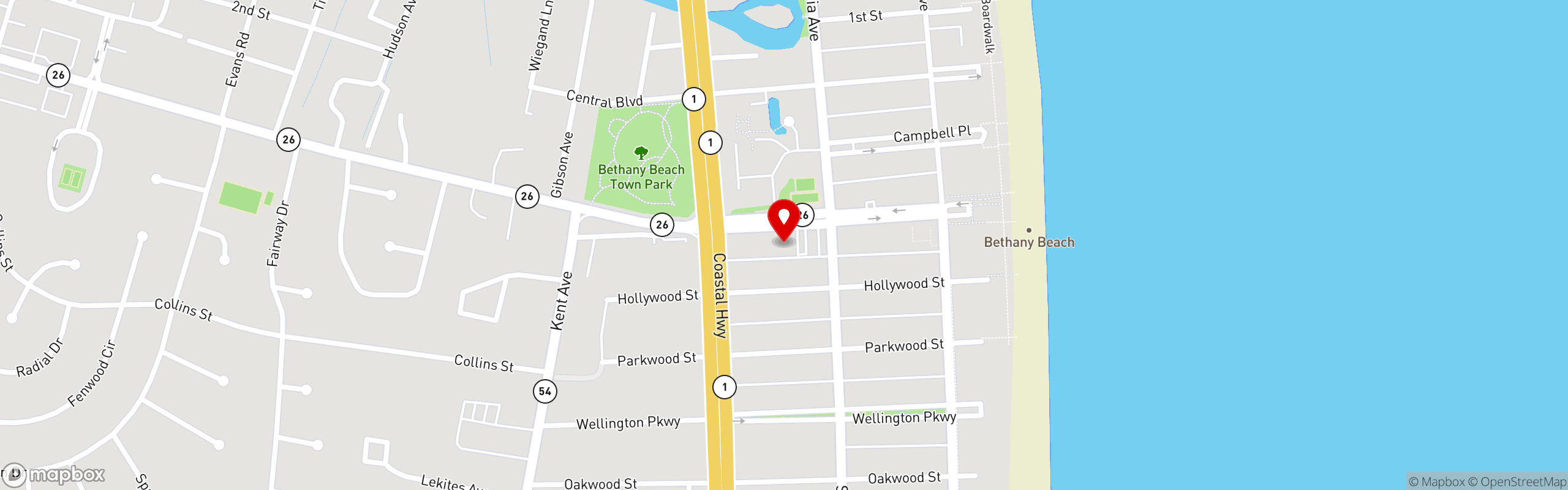 Street map pinning Claws Seafood House in Bethany Beach