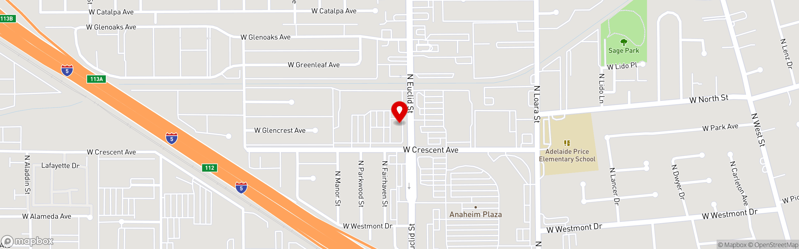 Street map pinning Cancun Juice Fresh Mex Grill in Anaheim, Euclid St.