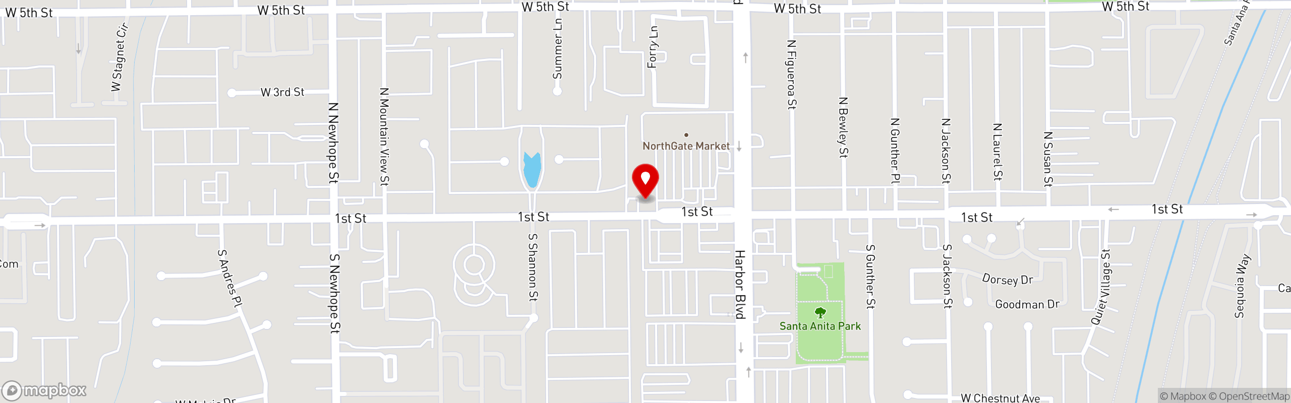 Street map pinning Cancun Juice Fresh Mex Grill in Santa Ana, 1st St