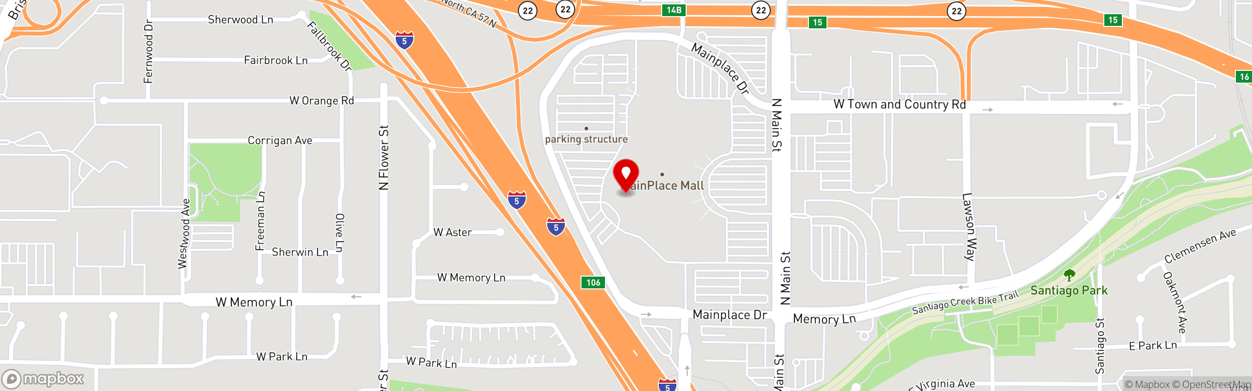 Street map pinning Cancun Juice Fresh Mex Grill in Santa Ana, Main Place