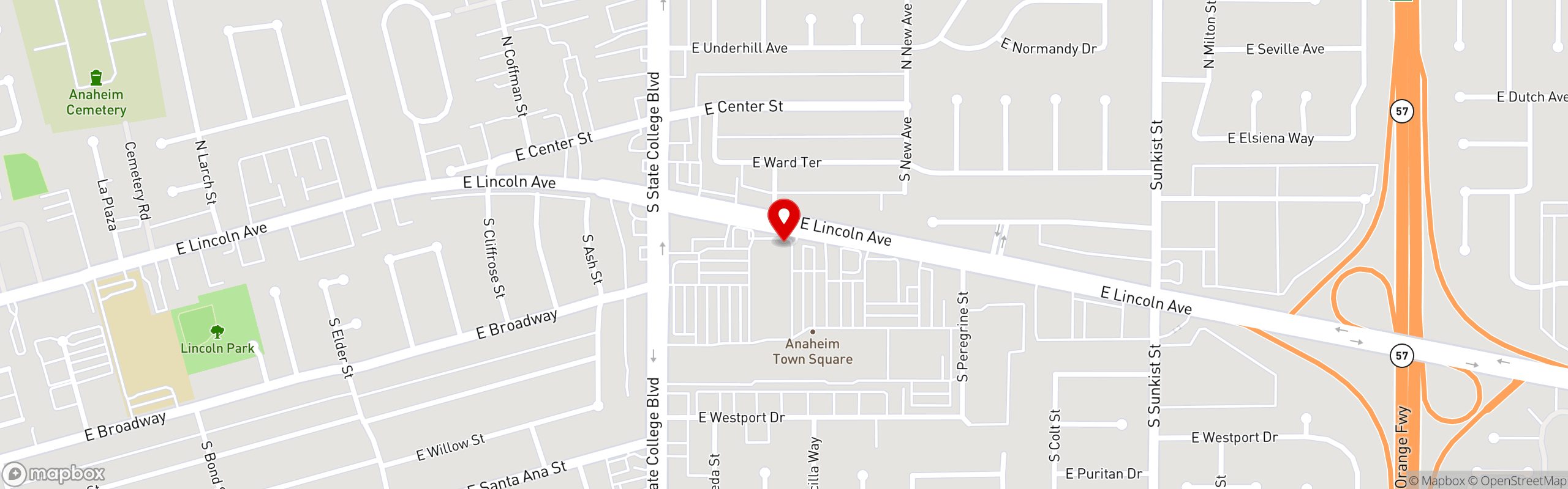 Street map pinning Cancun Juice Fresh Mex Grill in Anaheim, Lincoln Ave