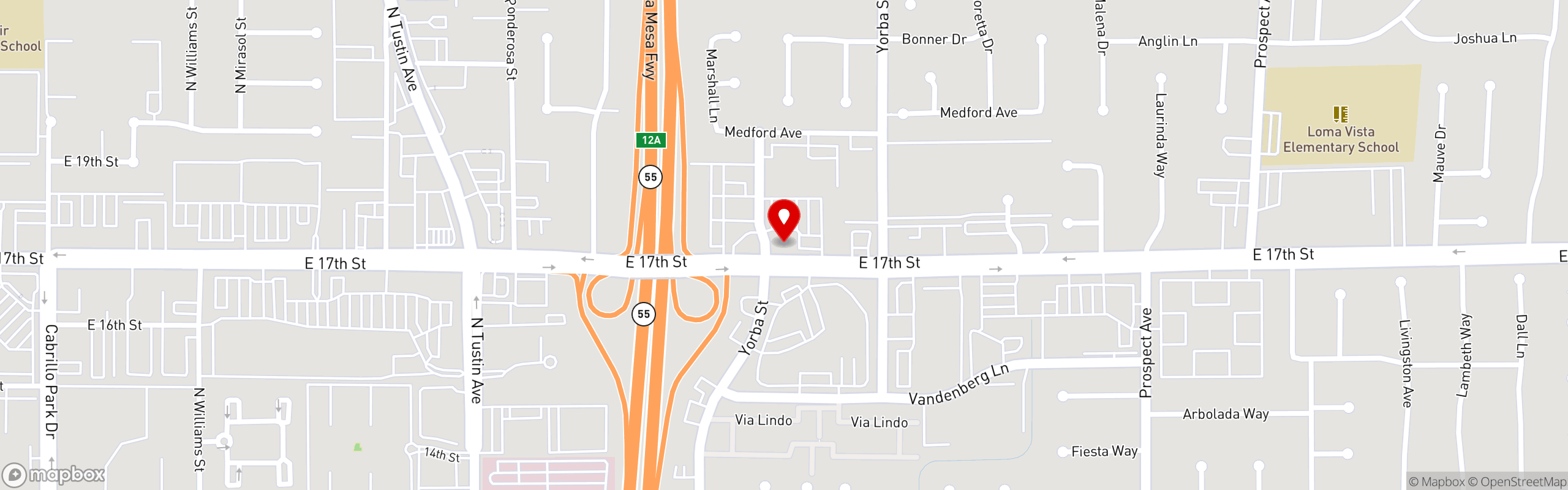 Street map pinning Cancun Juice Fresh Mex Grill in Tustin, 17th st.