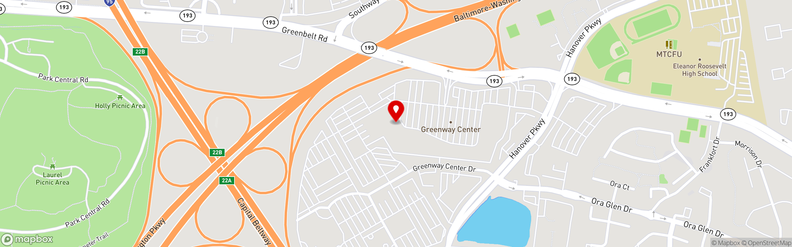 Street map pinning Pollo Cabana in Greenbelt