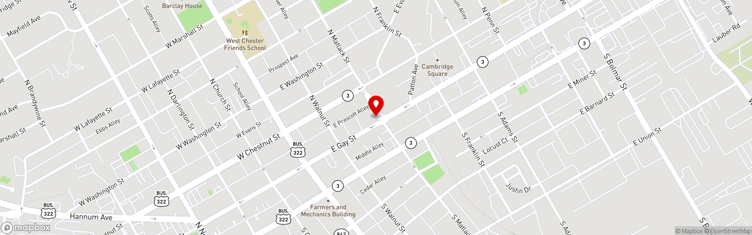 Street map pinning Country Bagel and Bakery in West Chester