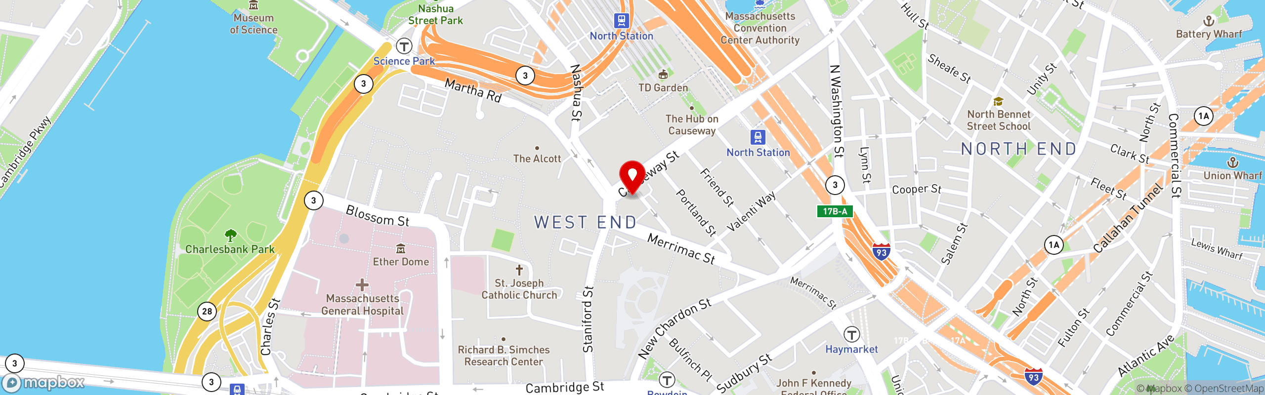 Street map pinning Boston Doner in Boston