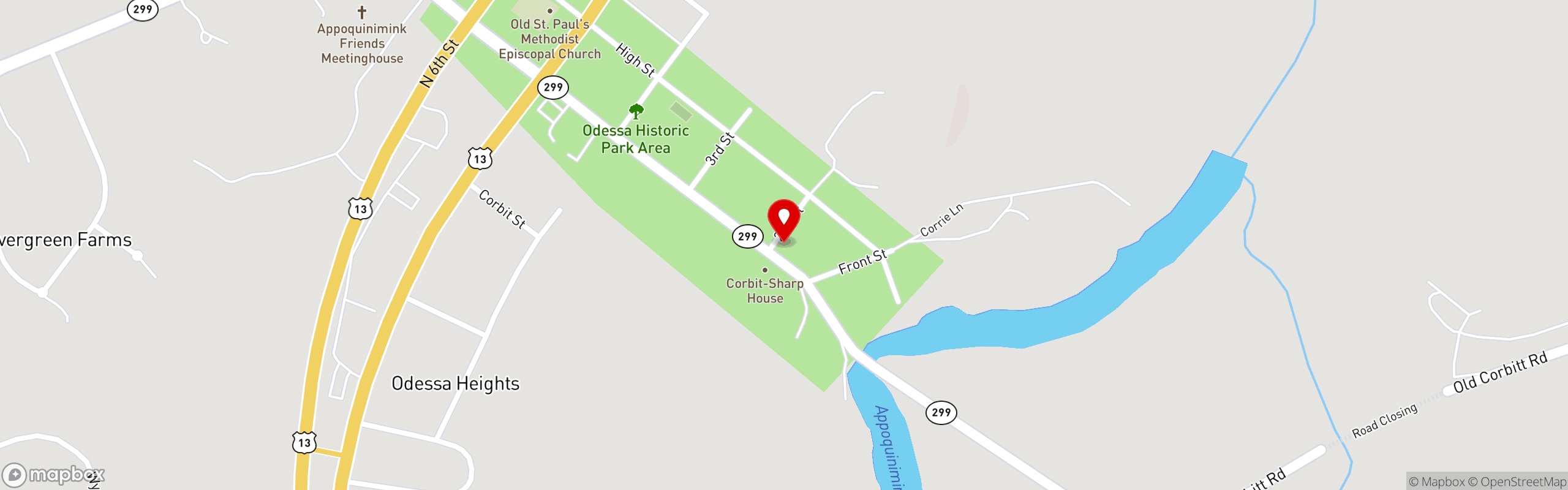 Street map pinning Cantwell's Tavern in Odessa, DE