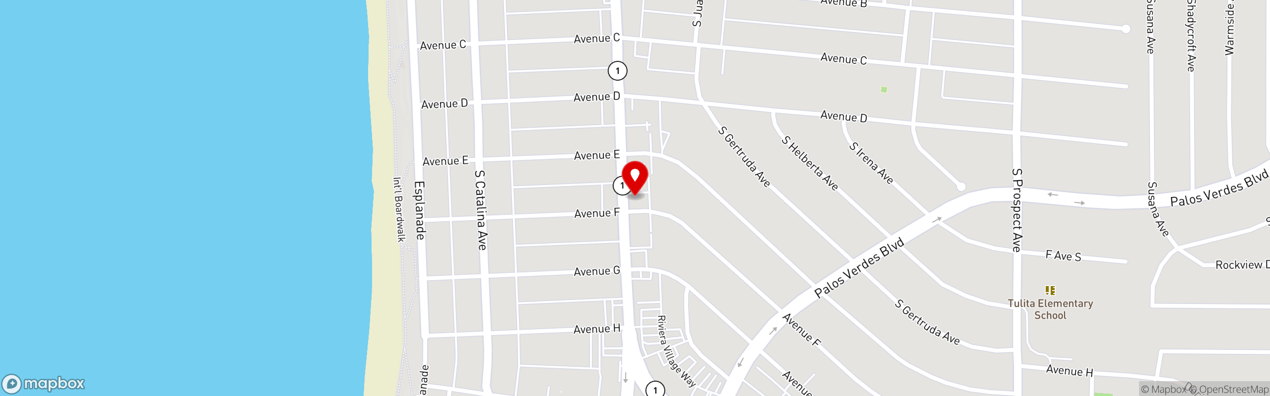 Street map pinning South Bay Pizza in Redondo Beach, CA