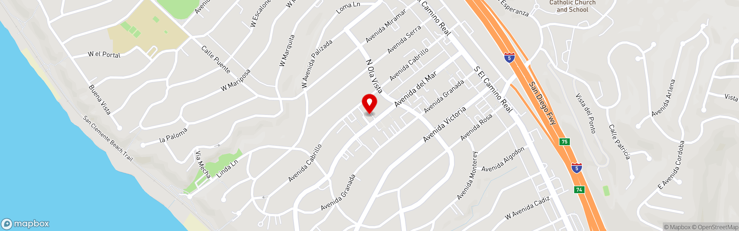 Street map pinning Brussels Bistro in San Clemente