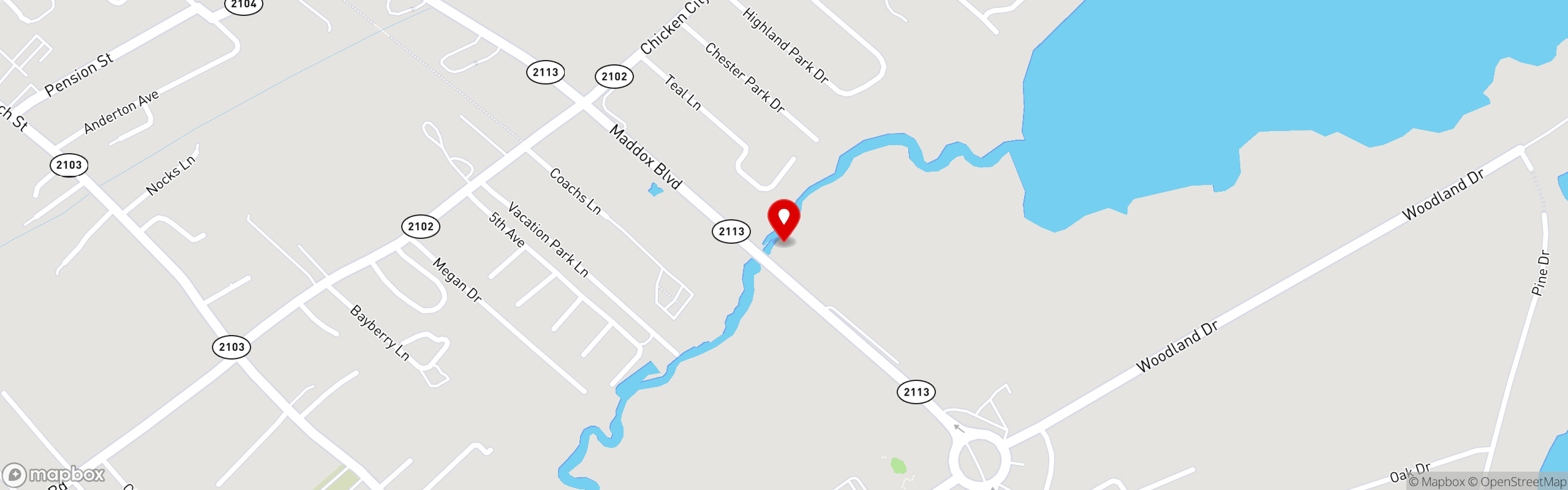 Street map pinning AJ's on the Creek in Chincoteague