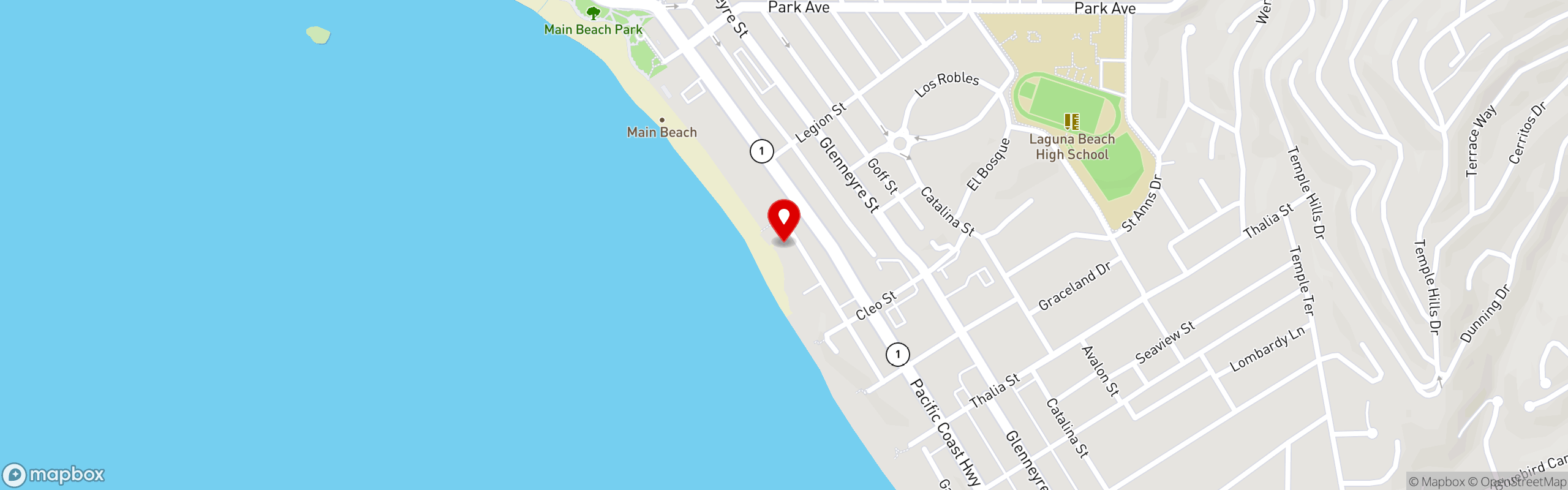 Street map pinning Driftwood Kitchen in Laguna Beach