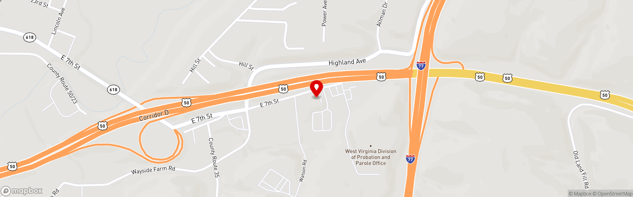 Street map pinning Omelet Shoppe in Parkersburg