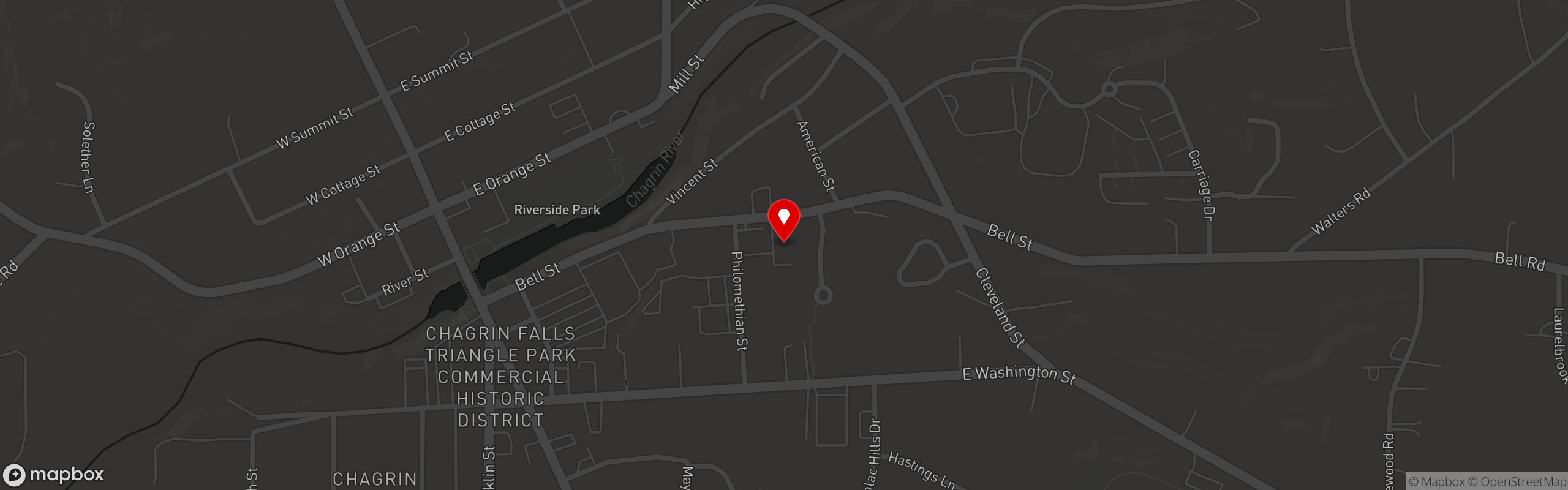 Street map pinning Master Pizza in Chagrin Falls