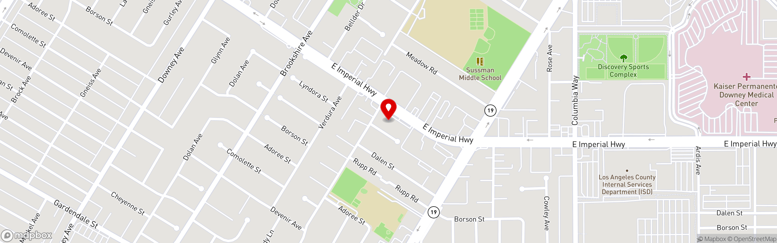 Street map pinning Brooklyn Square in Downey