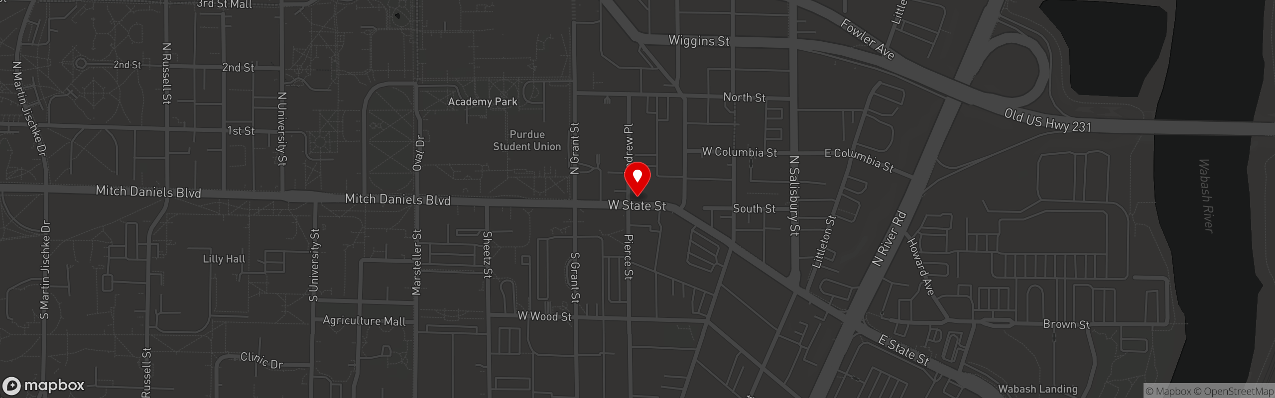 Street map pinning Mad Mushroom in West Lafayette - Purdue