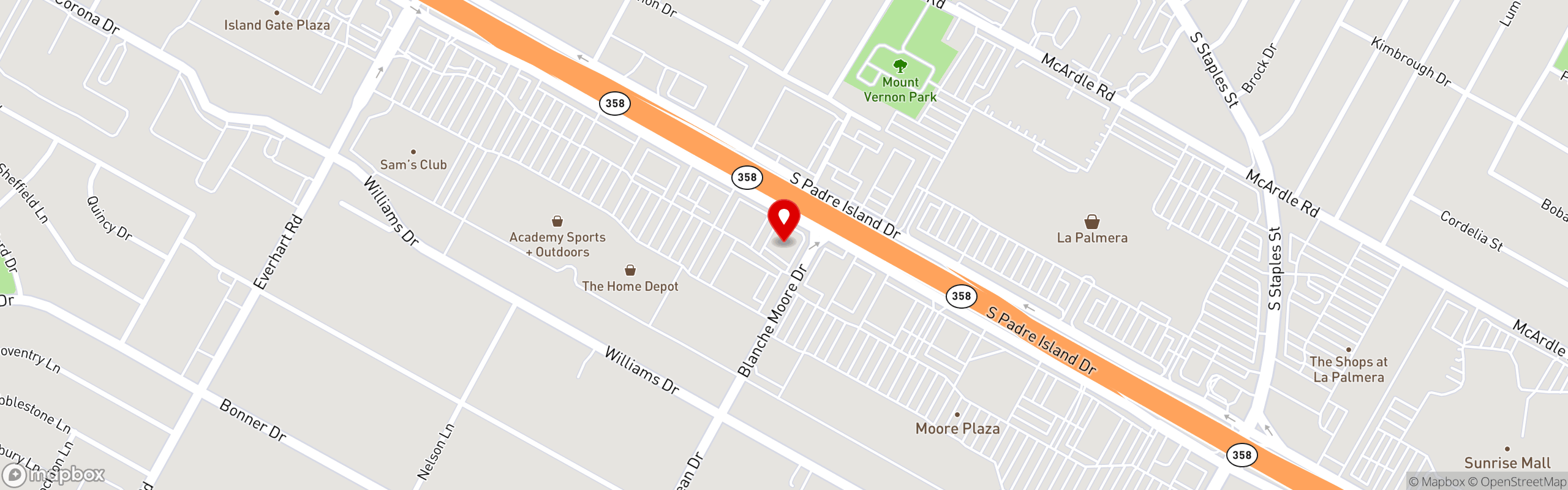 Street map pinning Ojos Locos Sports Cantina in Corpus Christi
